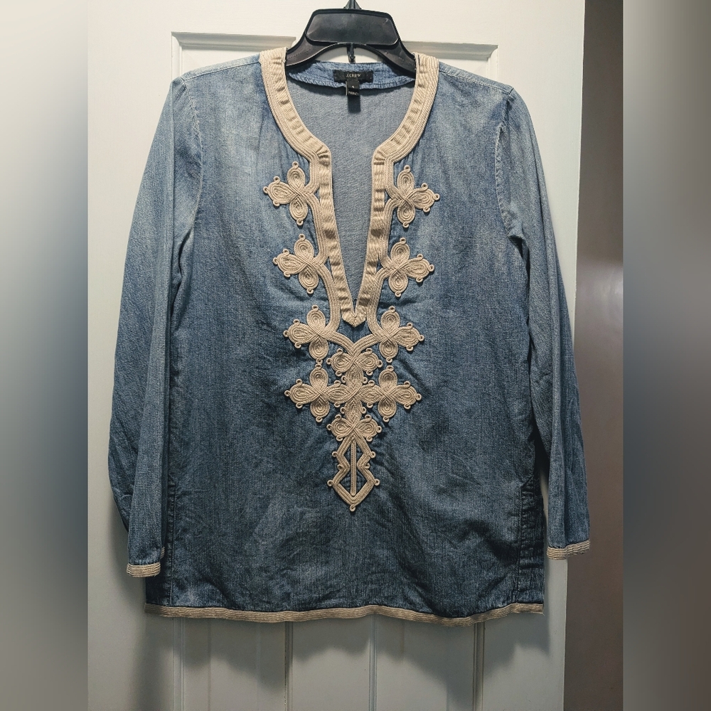 J. Crew Womens 6 Soutache Embroidered Blue Cotton Chambray Tunic Top Blouse